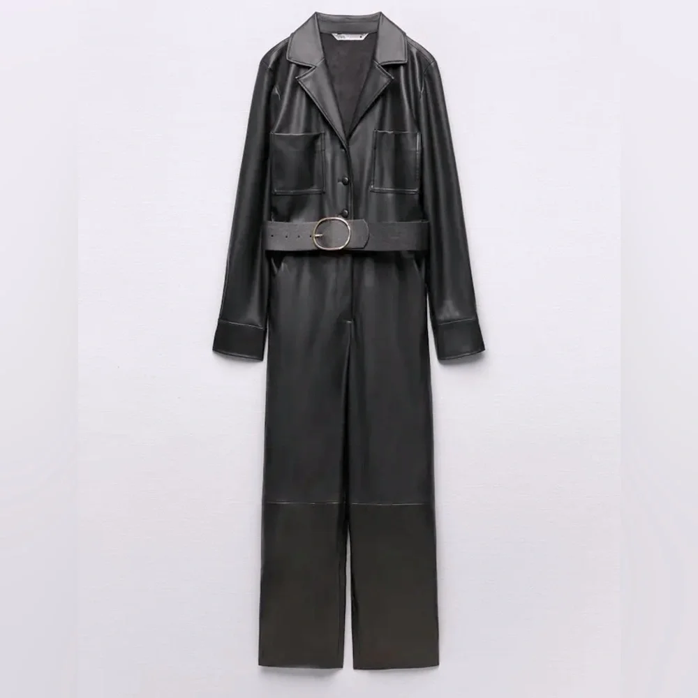 Zara FAUX LEATHER JUMPSUIT V-neck Long Sleeves Front & Back Patch Pockets NEW - Picture 8 of 10